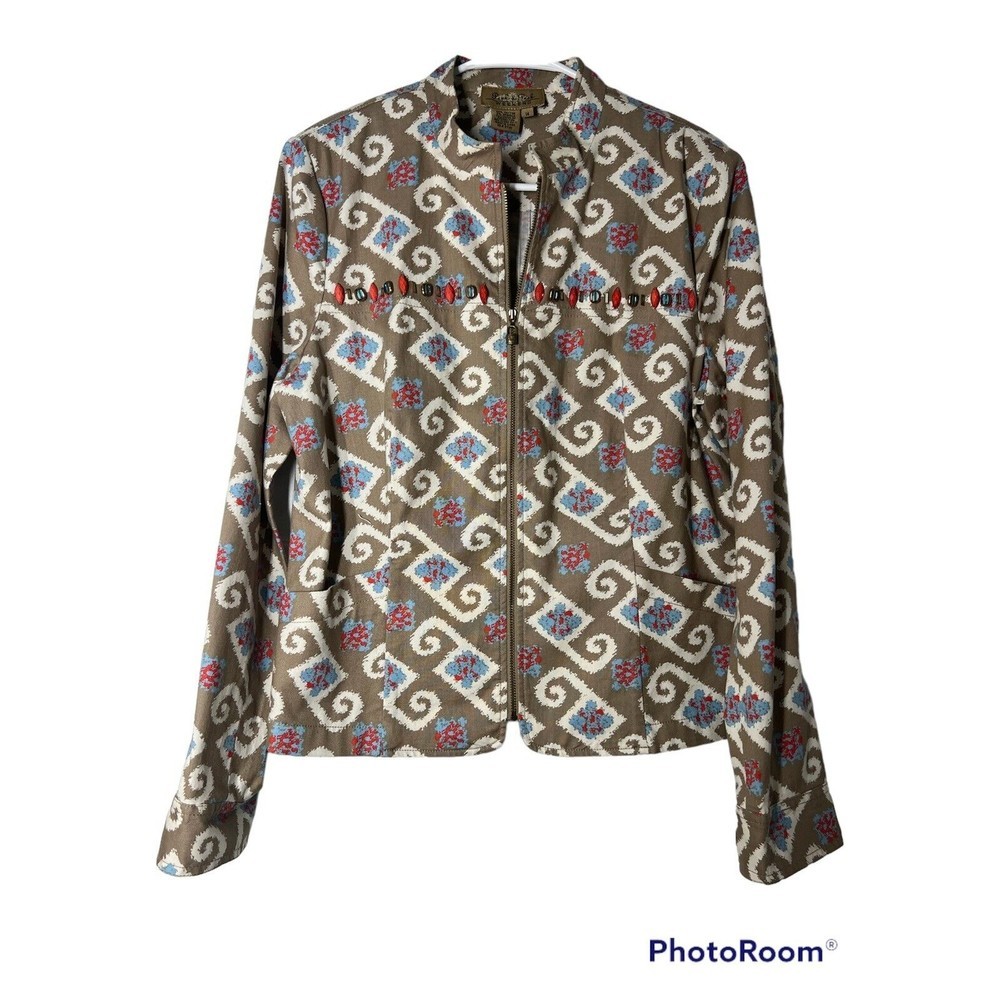 Peck & Peck Weekend‎ Tan/Blue Southwestern Zip Up Outdoor Jacket Womens Sz 14